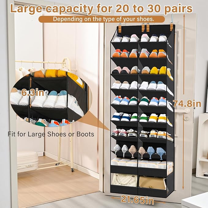 20-30 Pairs Over the Door Shoe Organizer,Side Clear Hanging Shoe Organizer,10-Tier Shoe Storage with 2 Flat Storage Layers,Door Shoe Organizer Fit All the Family’s Sneakers, Boots, Heels,Black