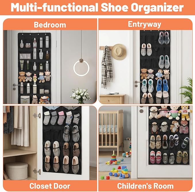 2 Pack Over The Door Shoe Organizer, Hanging Shoe Rack with 40 Large Mesh Pockets for Closet, Behind Door Storage Holder for Entryway, Bedroom, Dorm - Black
