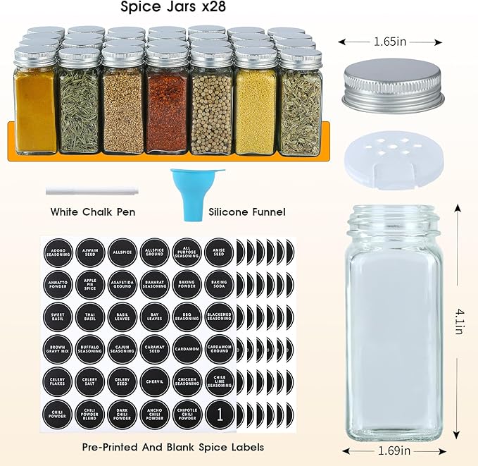 Skiileor Spice Rack Organizer with 28 Empty Spice Jars,Spice Labels,Chalk pen and Funnel Complete Set,Space-Saving for Countertop, Cabinet or Wall Mount