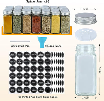 Skiileor Spice Rack Organizer with 28 Empty Spice Jars,Spice Labels,Chalk pen and Funnel Complete Set,Space-Saving for Countertop, Cabinet or Wall Mount