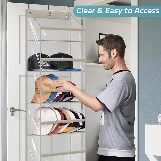 AOODA Clear Over the Door Hat Racks for Baseball Caps, Large Holds up to 72 Caps Hat Storage Organizer for Closet Wall, Deep Pockets Hanging Snapback Holder Shelves with 3 Hooks, Grey
