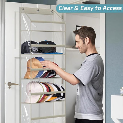 AOODA Clear Over the Door Hat Racks for Baseball Caps, Large Holds up to 72 Caps Hat Storage Organizer for Closet Wall, Deep Pockets Hanging Snapback Holder Shelves with 3 Hooks, Grey