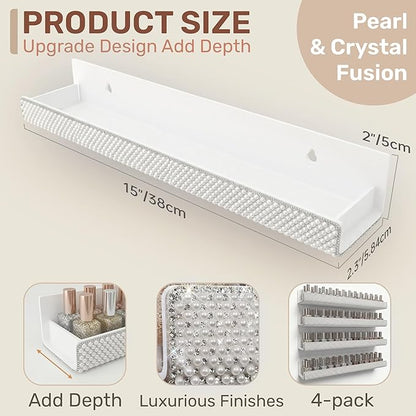 4 Pack 15 Inch Nail Polish Wall Rack，Pearls Crystal Rhinestone Acrylic Nail Polish Organizer，Sunglasses Essential Oil Picture Display Storage Wall Shelf