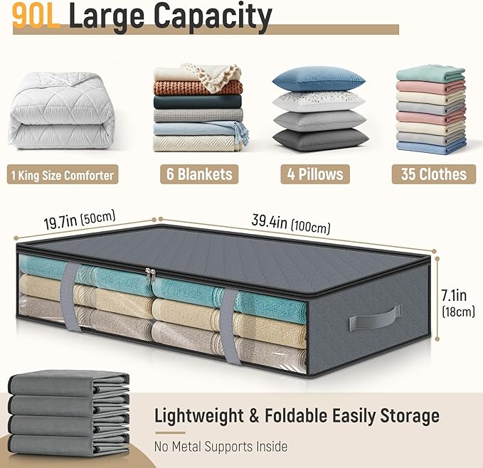 LANDNEOO 4 Pack 90L Under Bed Storage Containers - Underbed Storage for Clothes, Blankets - Closet Organizers and Storage Bags - Under the Bed Storage Bins with Handles & Clear Front
