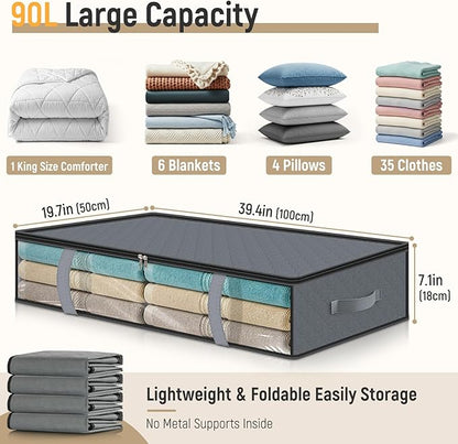 LANDNEOO 4 Pack 90L Under Bed Storage Containers - Underbed Storage for Clothes, Blankets - Closet Organizers and Storage Bags - Under the Bed Storage Bins with Handles & Clear Front