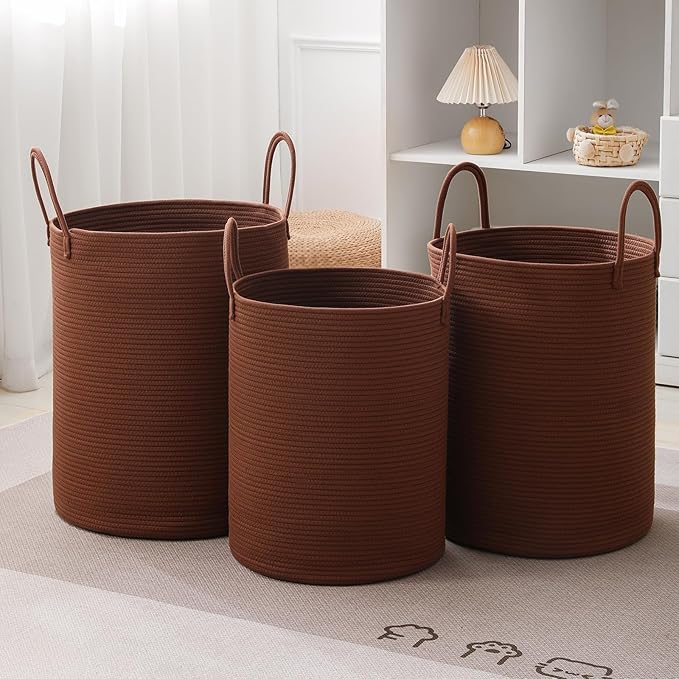 Laundry Basket Hamper Tall Rope Storage Woven for Blanket toys Dirty Clothes in Living Room Bathroom Bedroom (Dark Brown, 80L/21.3Gal)