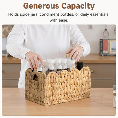 StorageWorks Scalloped Water Hyacinth Baskets, Hand-woven Rattan Baskets with Built-in Handles, Cute Baby Basket for Nursery, Basket for Organizing and Decor, 13"L x 8¼"W x 7"H
