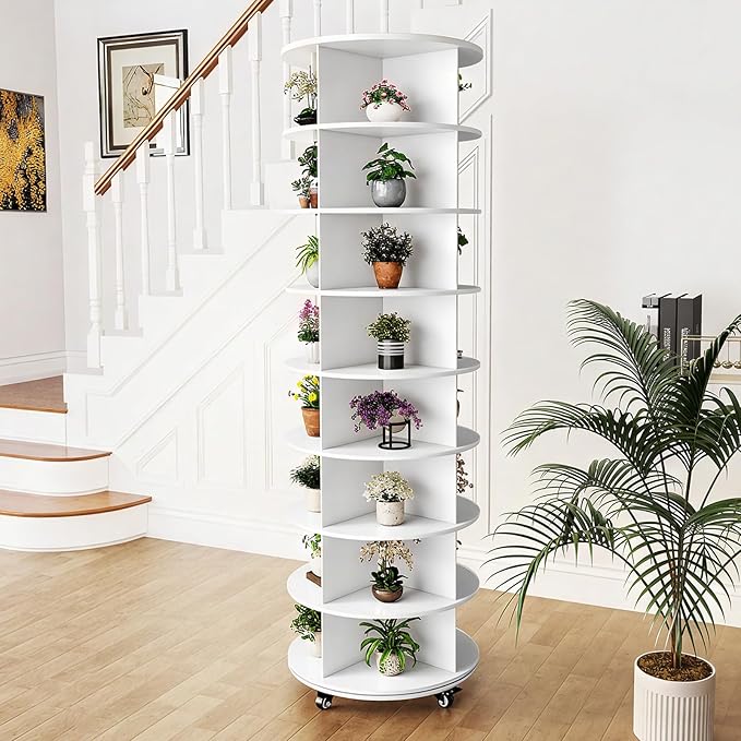 8 Tier Rotating Shoe Rack, Shoe Tower Organizer with 4 Universal Casters, Spinning Lazy Susan Display Storage Rack Round Carousel Vertical Handbag Closet (White, 23.6’’×23.6’’×74’’)