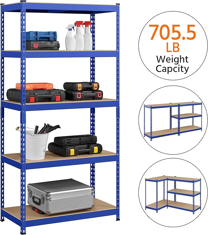 Topeakmart 2PCS 5-Tier Utility Shelves, Metal Storage Shelves Garage Shelving Unit Adjustable Garage Storage Shelves Storage Racks Heavy Duty Shed Shelving- Blue, 35.5 x 17.5 x 72 Inch