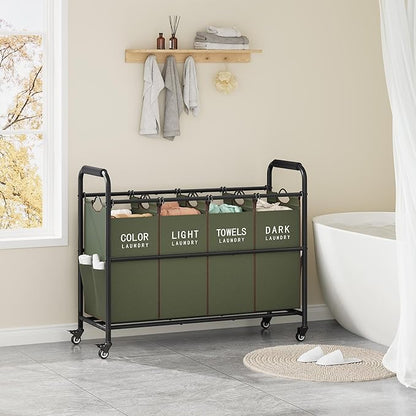 Tajsoon 4 Bag Laundry Sorter Cart, 4 Section Laundry Hamper Sorter with Heavy Duty Lockable Rolling Wheels, Laundry Separator Hamper with Removable Bags for Dirty Clothes Storage, Green