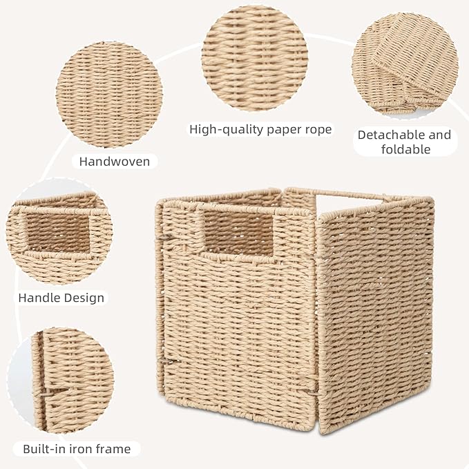YAHUAN Foldable Paper Rope Storage Cubes 9X9 Hand Woven Wicker Storage Bins Square Basket Storage Baskets for Shelves (Paper rope 2-pack)