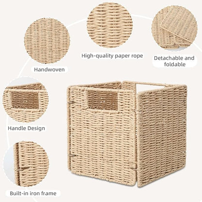 YAHUAN Foldable Paper Rope Storage Cubes 9X9 Hand Woven Wicker Storage Bins Square Basket Storage Baskets for Shelves (Paper rope 2-pack)
