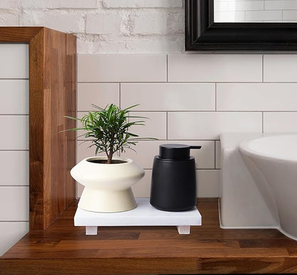Bathroom Counter Organizer Wood Pedestal Stand Farmhouse Decorative Tray Soap Holder for Kitchen Decor, 9" x 6" - White