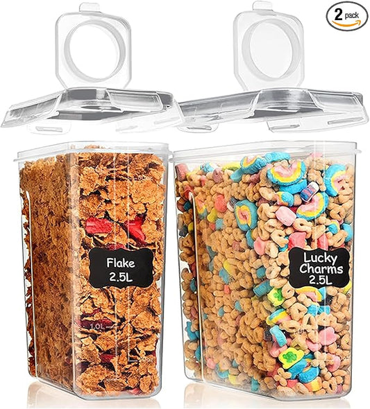 Shazo 2 Pack (15.4 Oz Cereal Capacity) Small Airtight Cereal Containers Storage with Lids, Perfect Space Saving BPA-Free Plastic Container, Pantry Organization and Canister for Rice, Sugar & Flour