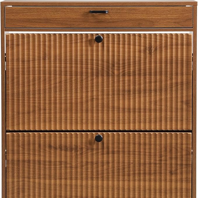 XIAO WEI Shoe Cabinet, Shoe Storage Organizer Cabinet with 2 Flip Wavy Line Drawers, Freestanding Shoe Rack with Adjustable Shelf for Entryway, (Walnut)