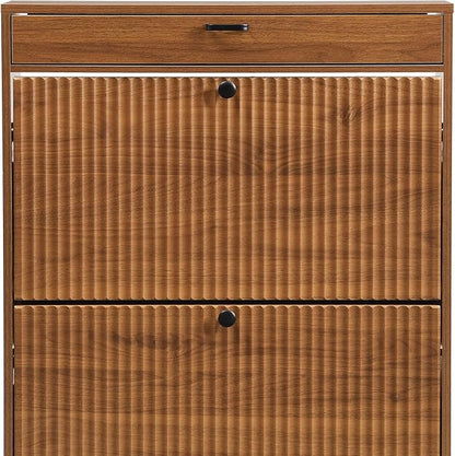 XIAO WEI Shoe Cabinet, Shoe Storage Organizer Cabinet with 2 Flip Wavy Line Drawers, Freestanding Shoe Rack with Adjustable Shelf for Entryway, (Walnut)