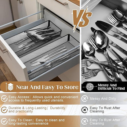 DOSTATNI 2 Pcs Mesh Silverware Drawer Organizer Cutlery Drawer Organizer Utensil Tray Organizer Silverware Holder for Flatware Knives Spoons Storage(14.1X5.3x2inch)