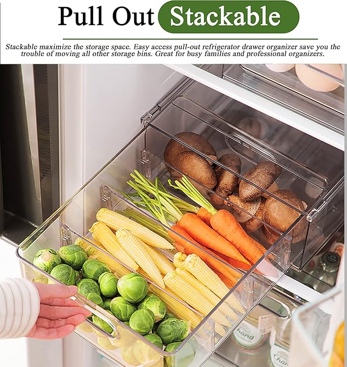 bealy 3 Pack Fridge Organizer and Storage,Clear Storge Bins with Pull-out Drawer, Fridge Drawers Clear Stackable Storage Drawer Containers for Freezer, Refrigerator, Pantry, Kitchen