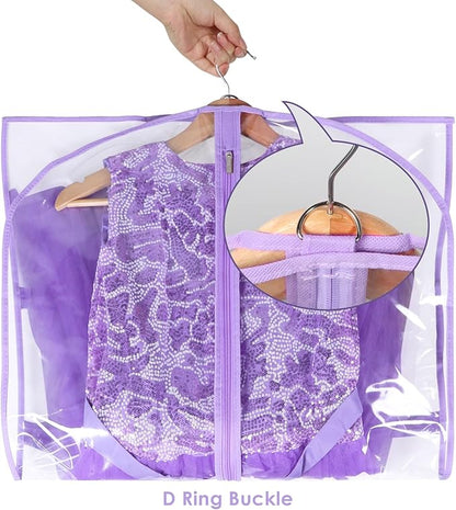 Clear Garment Bags for Dance Costumes, 40” Dance Garment Bags for Dancers, Kids Garment Bag for Dance Competitions with 3 Zipper Pockets, Garment Bags for Hanging Clothes, 6 Pack, Purple