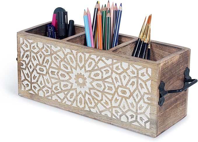 Wooden Utensil Caddy for Kitchen Countertop 3-Slot , Multi-Purpose Wooden Desk Organizer Work Desk, Bathroom, Cutlery Caddy, Office Supplies Organizer – 11 X 4.5 Inches