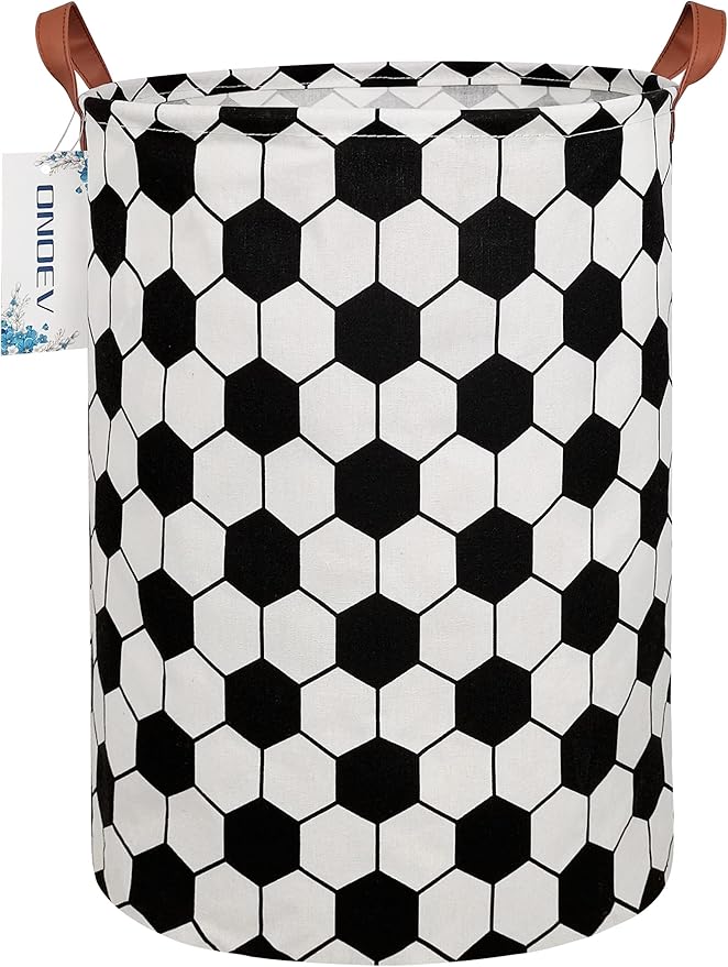 Round Soccer Ball Laundry Basket,Collapsible Laundry Hamper for Boys,Classic Football Print Storage Bin,Waterproof Toy Storage for Kids Room,Nursery,Playroom,New Parent Gift(Hexagon Football)
