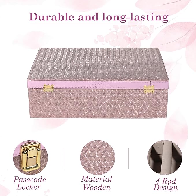 Kuber Industries Pack of 2 Wooden Bangle Organizers Storage Box with Gold Handle For Women | 4 Rod Bridal Fancy Chudi Box/Chuda Holder & Jewellery Case | Shining Leaser Foil- Peach