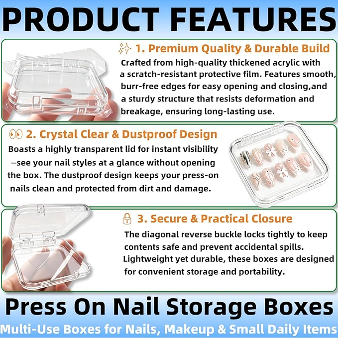 12 Pcs Clear Acrylic Press on Nail Storage Box with 30 Pcs Adhesive Double Sided Tape, Transparent Fake Nail Organizer Display Case for Nail Salon, Home, Travel & Nail Art Packaging