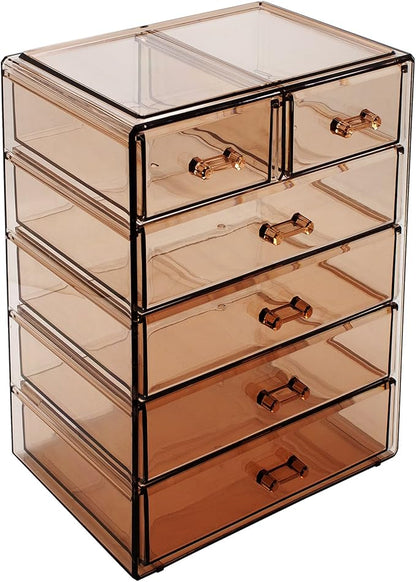 Sorbus Acrylic Makeup Organizer Set, 6-Drawer Vanity & Countertop Cosmetic Storage with Small & Wide Drawers, Bronze Glow Makeup Storage for Brushes, Lipsticks, Jewelry, Holiday Gift for Women & Teens