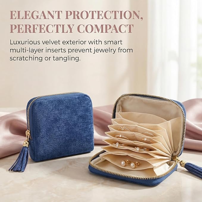 Vintage women's coin wallet jewelry storage bag, metal zipper multi-layer travel storage box, earrings, rings, necklaces, elegant storage bag, neutral Christmas and birthday gifts (Blue)