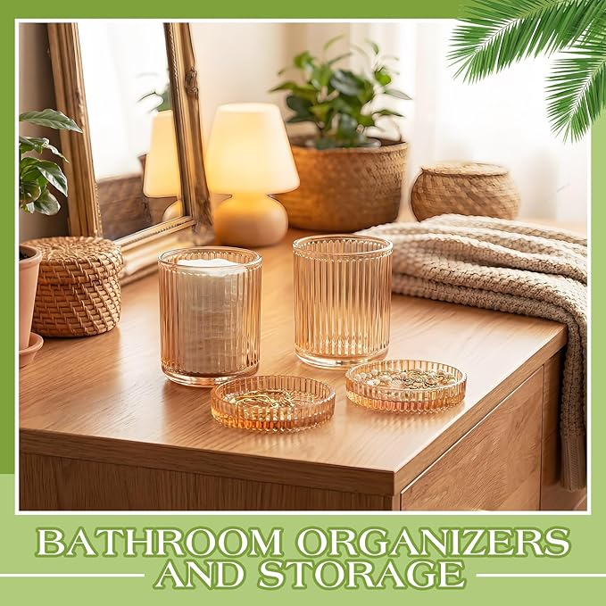 2 Pcs Crystal Glass Candy Jars Set with Lids and Stainless Steel Vanity Tray, Q tip Holder, Apothecary Jars, Glass Bathroom Accessories Organizer, Esthetic Modern Bathroom Decor(Amber)
