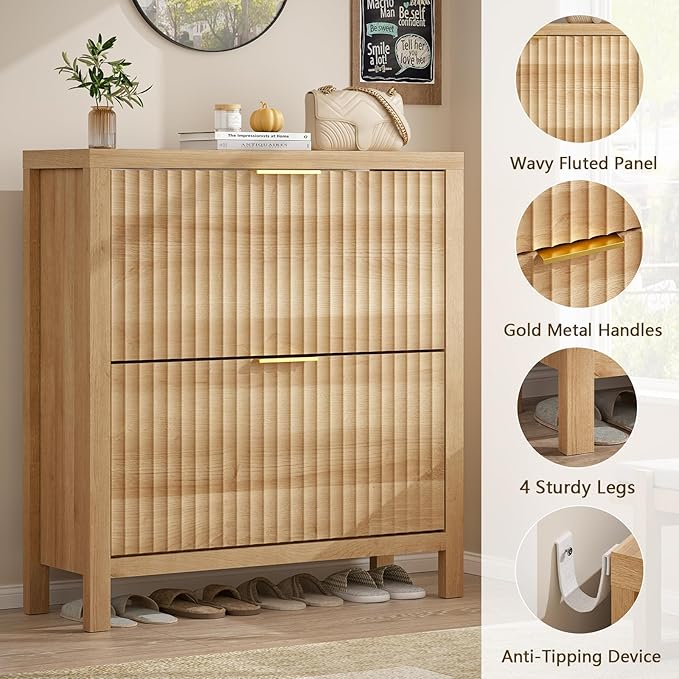 YOMILUVE Shoe Cabinet Storage for Entryway, Fluted Shoe Cabinet with 2 Flip Drawers, Hidden Shoe Rack Tall Freestanding Shoe Organizer with Legs for Hallway, Oak
