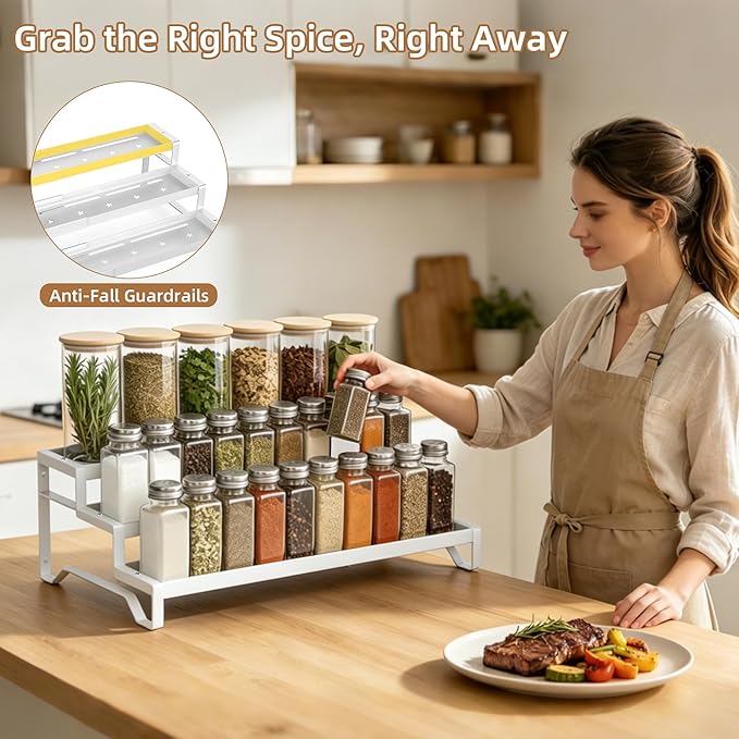 SANKEU Expandable Spice Rack Organizer for Cabinet 3 Tiered Metal Seasoning Organization with Guardrails Spice Shelf Storage for Jars Adjustable Length 13"-21" White 1Pack