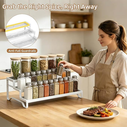 SANKEU Expandable Spice Rack Organizer for Cabinet 3 Tiered Metal Seasoning Organization with Guardrails Spice Shelf Storage for Jars Adjustable Length 13"-21" White 1Pack