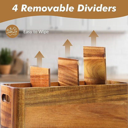 Kitchen Utensil Holder for Counter or Countertop, Extra Large Acacia Wood Organizer with 4 Compartments, Wooden Storage for Cooking and Silverware, Rustic Minimalist Decor, Sturdy Utensil Crock