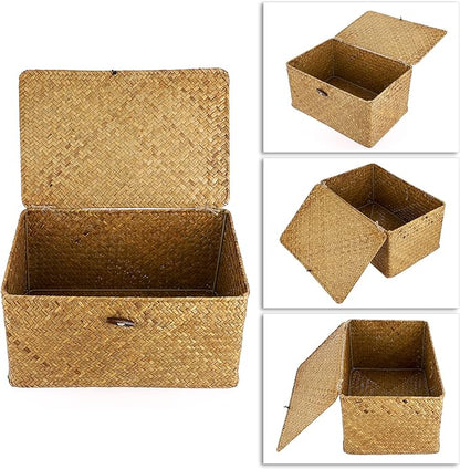 Hipiwe Wicker Shelf Baskets Bin with Lid, Handwoven Seagrass Basket Storage Bins Rectangular Household Basket Boxes for Shelf Wardrobe Home Organizer, Caramel Large