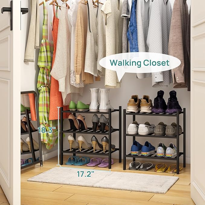 viewcare Small Shoe Rack for Entryway,3-Tier Black Bamboo Shoe Organizer for Hallway Closet, Free Standing Shoe Racks for Indoor Outdoor