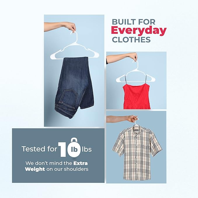 Plastic Hangers 100+ Pack (150 Count) – Made in The USA – 6lb Capacity Standard Clothes Hangers with Notches and Reinforced Edges for Dresses, Shirts, Pants, and Jackets – White & Gray