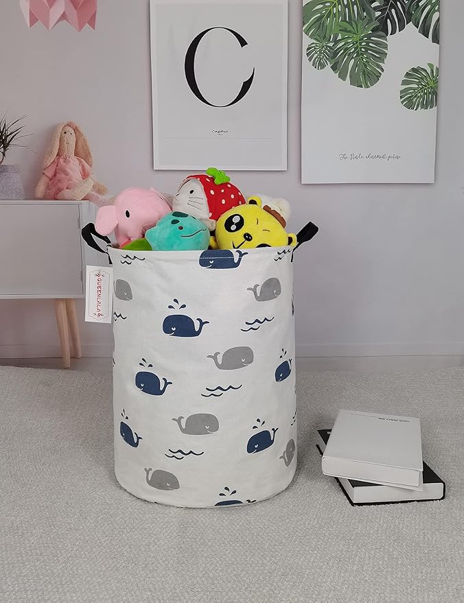 QUEENLALA Large Storage Basket,Laundry Hamper/Bathroom/Home Decor/Collapsible Round Storage Bin,Boys and Girls Hamper/Boxes/Clothing(Round-Blue Cute Whale)