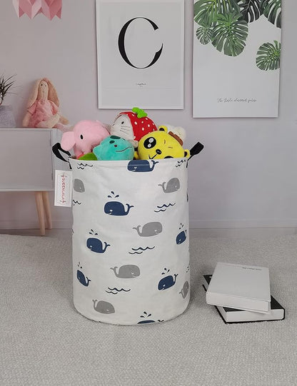 QUEENLALA Large Storage Basket,Laundry Hamper/Bathroom/Home Decor/Collapsible Round Storage Bin,Boys and Girls Hamper/Boxes/Clothing(Round-Blue Cute Whale)