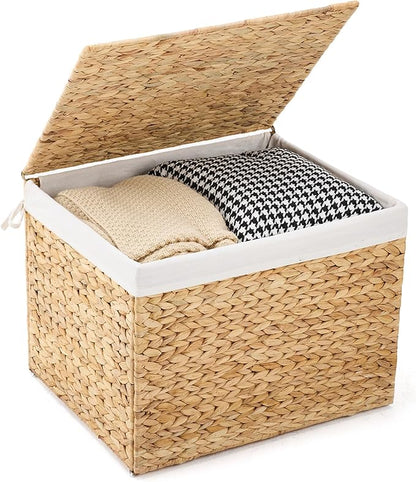 Water Hyacinth Storage Basket with Lid, 31.7 Gallon (120L) Wicker Shelf Basket with Removable Liner, Wicker Storage Basket for Blanket, for Livingroom, Bedroom, Natural