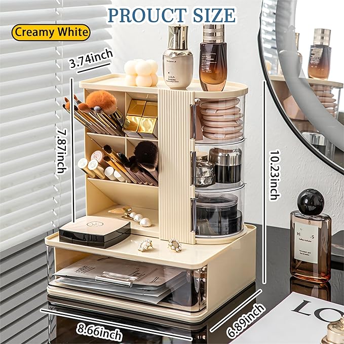 Makeup Organizer with 3 Rotating & Dustproof Drawers, Large Capacity Cosmetic Storage Box with Makeup Brush Holder, Make up Organizers for Vanity, Dresser, Bathroom (Yellow)