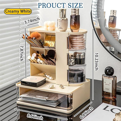 Makeup Organizer with 3 Rotating & Dustproof Drawers, Large Capacity Cosmetic Storage Box with Makeup Brush Holder, Make up Organizers for Vanity, Dresser, Bathroom (Yellow)