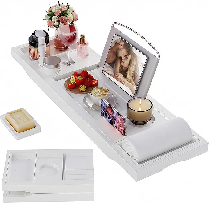 Foldable Bathtub Caddy Tray, Bamboo Bath Tub Tray Table for Tub with Wine Glass Holder Book Phone Tablet Holder with Extending Sides, Adjustable Bathroom Bathtub Free Soap Holder Gift Idea (White)