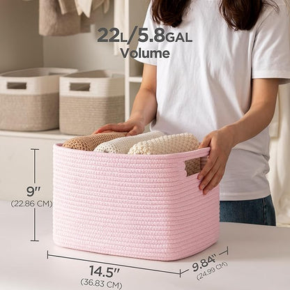 UBBCARE 4 Pack Storage Baskets for Organizing, Shelf Baskets with Handles, Woven Storage Baskets for Bookcase/Cube Shelf/Closet, 14.5"L x 9.8"W x 9"H, Pink
