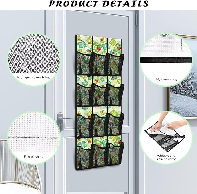 Versatile 12-Pocket Behind The Door Hanging Organizer, Made of Oxford Cloth, Waterproof Foldable and Perfect for Bathroom Bedroom Closet Storage, Lucky Leaf Ladybug