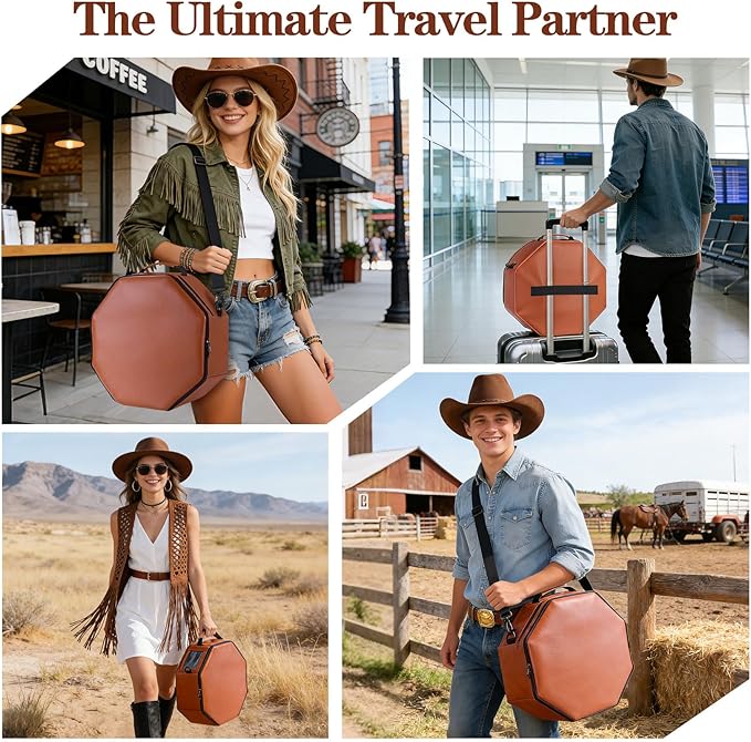Vegan Leather Cowboy Hat Box for Travel - Large Octagonal Hat Travel Case Fits up to 5 Wide Brim Hats - Padded Hat Storage Organizer with Trolley Sleeve, Clear Window & Shoulder Strap, Brown