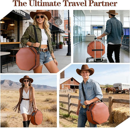 Vegan Leather Cowboy Hat Box for Travel - Large Octagonal Hat Travel Case Fits up to 5 Wide Brim Hats - Padded Hat Storage Organizer with Trolley Sleeve, Clear Window & Shoulder Strap, Brown
