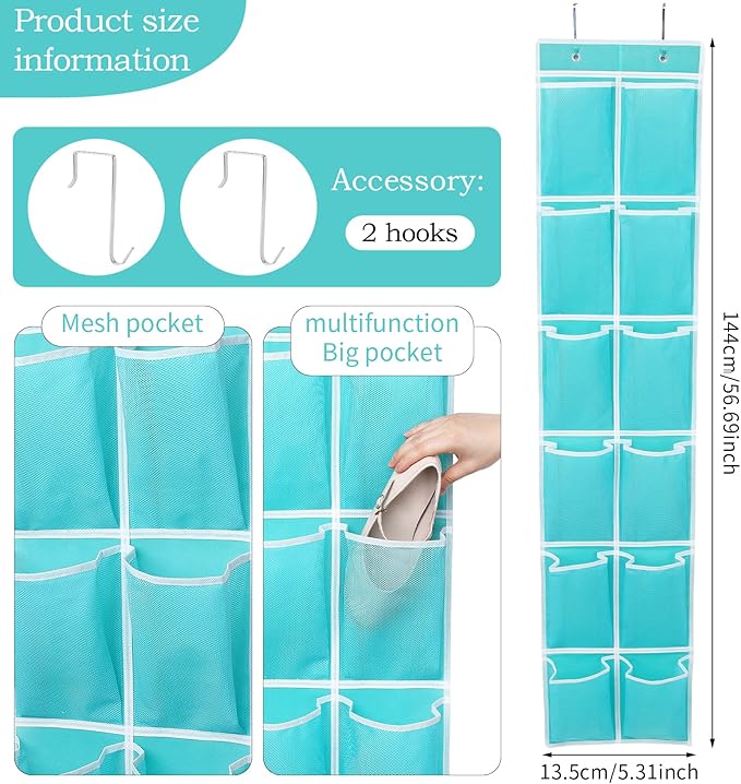 GOMAJI Over the Door Hanging Shoe Organizer, 12 Pockets, Turquoise