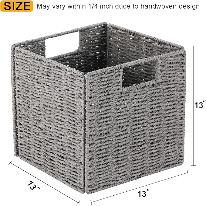 Vagusicc Wicker Storage Basket, Set of 2 Hand-Woven Storage Baskets for Shelves with Handles, Foldable Cube Storage Baskets Bins Organizer 13 inch Large Wicker Baskets for Pantry Bedroom Decor, Grey