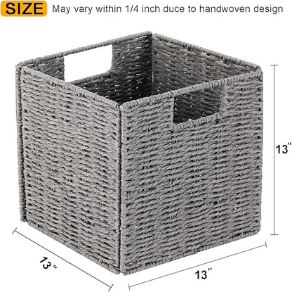 Vagusicc Wicker Storage Basket, Set of 2 Hand-Woven Storage Baskets for Shelves with Handles, Foldable Cube Storage Baskets Bins Organizer 13 inch Large Wicker Baskets for Pantry Bedroom Decor, Grey